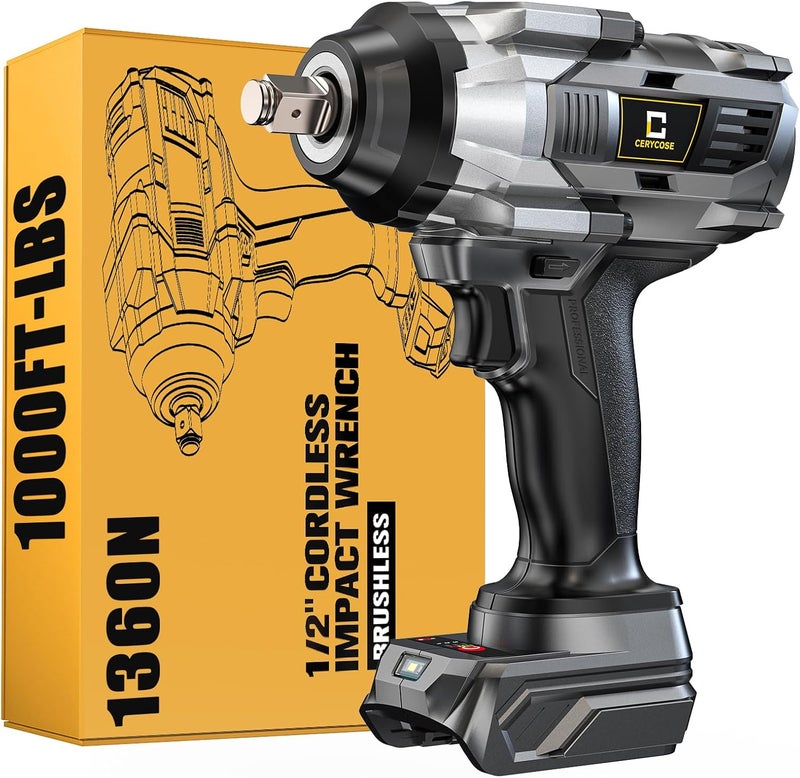 Cerycose Cordless Impact Wrench 1/2 inch Compatible with Dewalt Battery, 1000FT-LBS (1360N.m) Brushless Electric Impact Gun Includes LED Work Light, 2100RPM High Torque Impact Driver, Bare Tool Only - Image 1